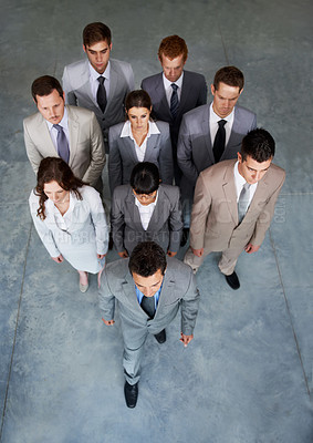 Buy stock photo Top view, team of business people and leadership of man walking in office, staff cooperation or collaboration. Above, serious group and professional corporate employees, lawyers together and support
