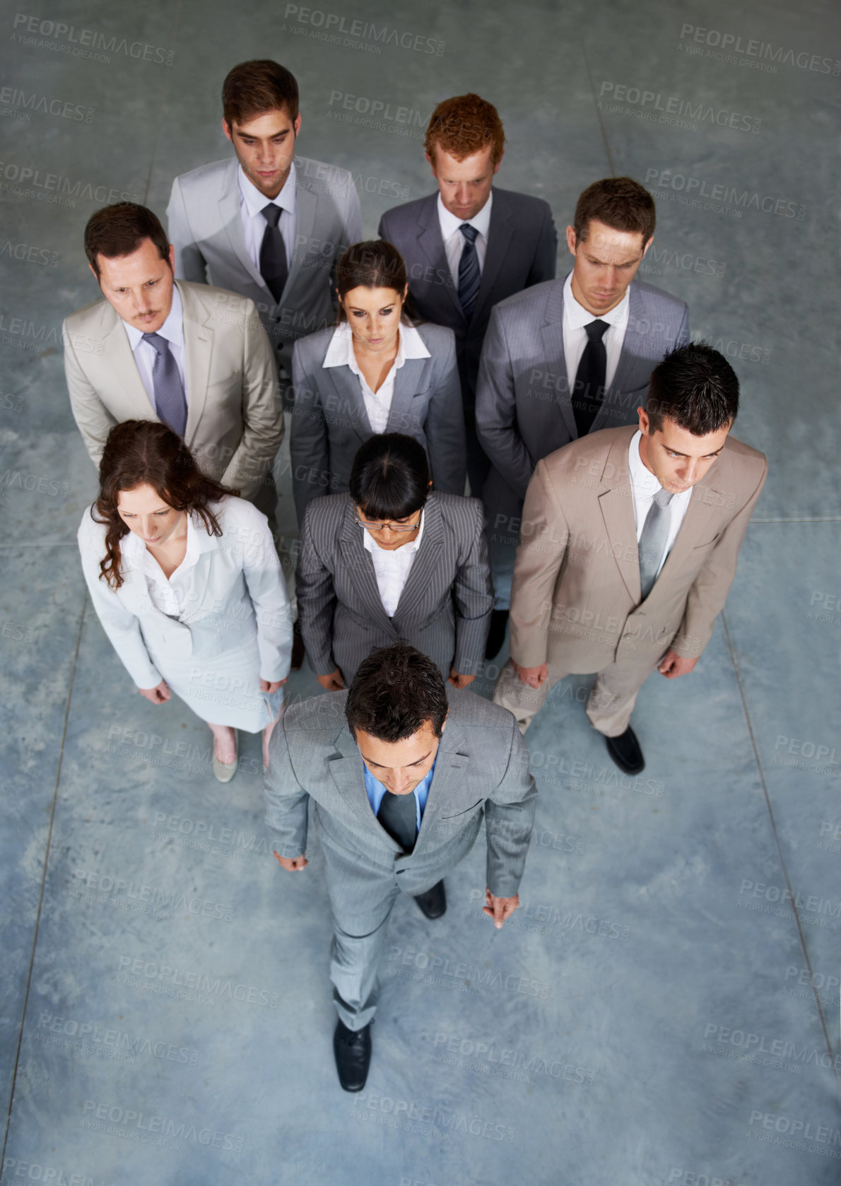 Buy stock photo Top view, team of business people and leadership of man walking in office, staff cooperation or collaboration. Above, serious group and professional corporate employees, lawyers together and support
