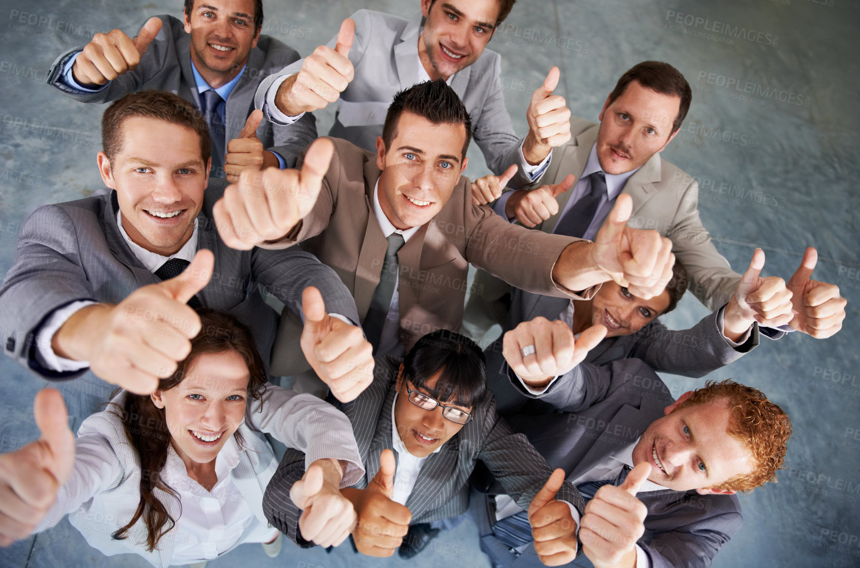 Buy stock photo Portrait, group and happy business people thumbs up for motivation, corporate feedback or job well done . Emoji like icon, top view and professional team yes sign for voting opinion agreement