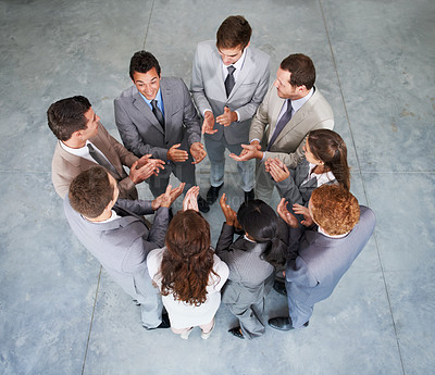 Buy stock photo Circle, applause or professional people celebrate, praise or congratulations for success, achievement or promotion. Motivation, top view group or teamwork celebration, clapping or winner announcement