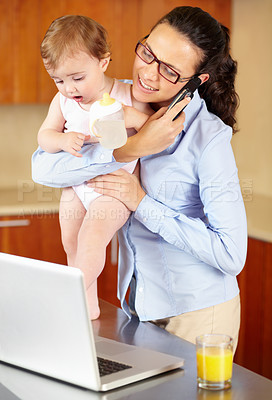 Buy stock photo Mother, baby and phone call on laptop for work from home, business planning and multitasking in kitchen. Single mom, woman or freelancer talking on mobile and computer for communication and childcare