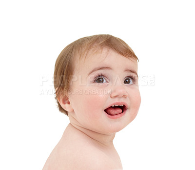 Buy stock photo Baby, happy and surprise in studio or white background isolated or childhood development, relax youth or mockup space. Kid, wow and excited for positive mood or curiosity, expression or mouth open