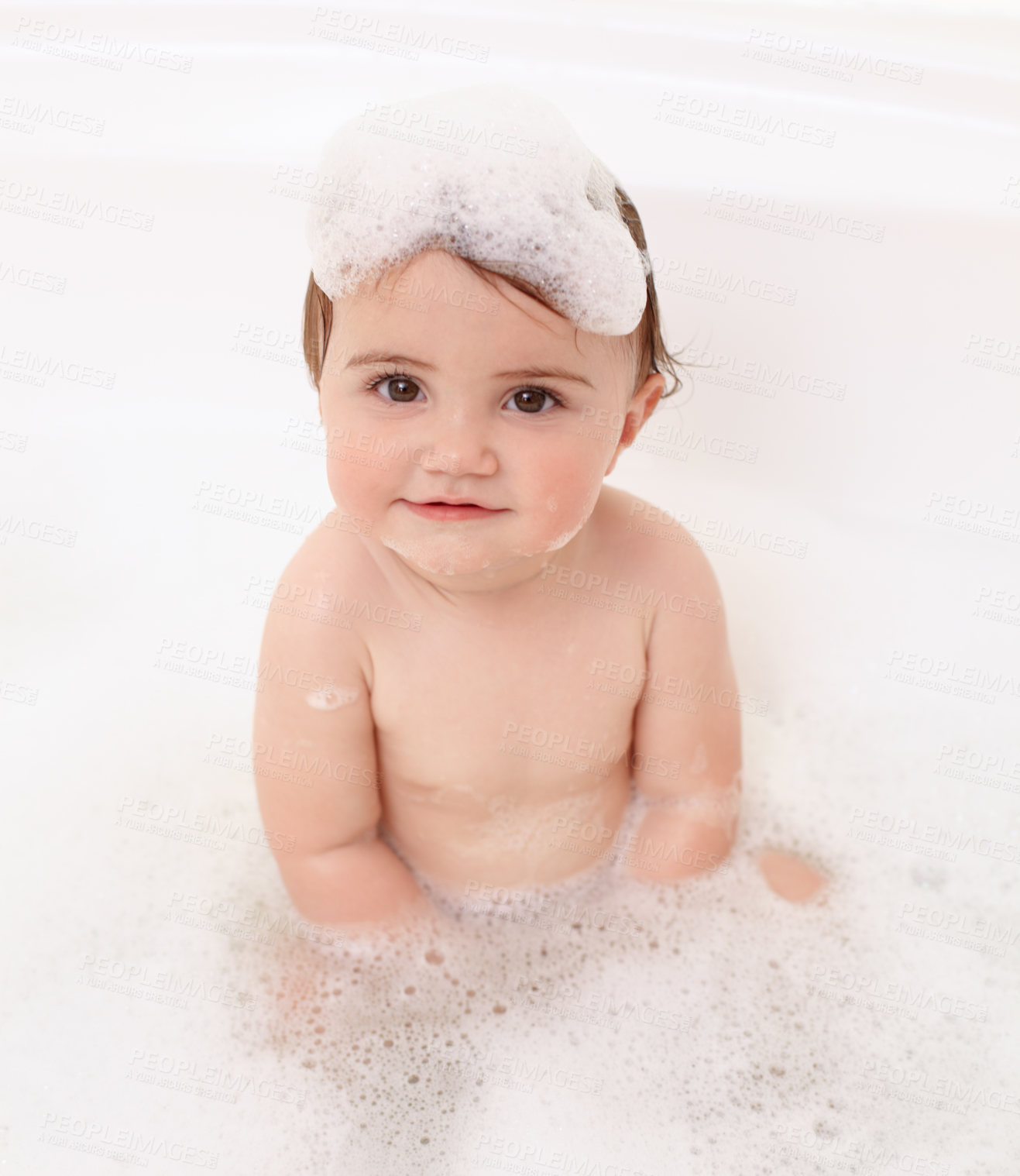 Buy stock photo Baby in bath with soap, water and portrait of clean fun in for skincare, wellness and hygiene. Bubbles in bathtub, foam and child in bathroom with cute face, care and washing dirt, germs and smile.
