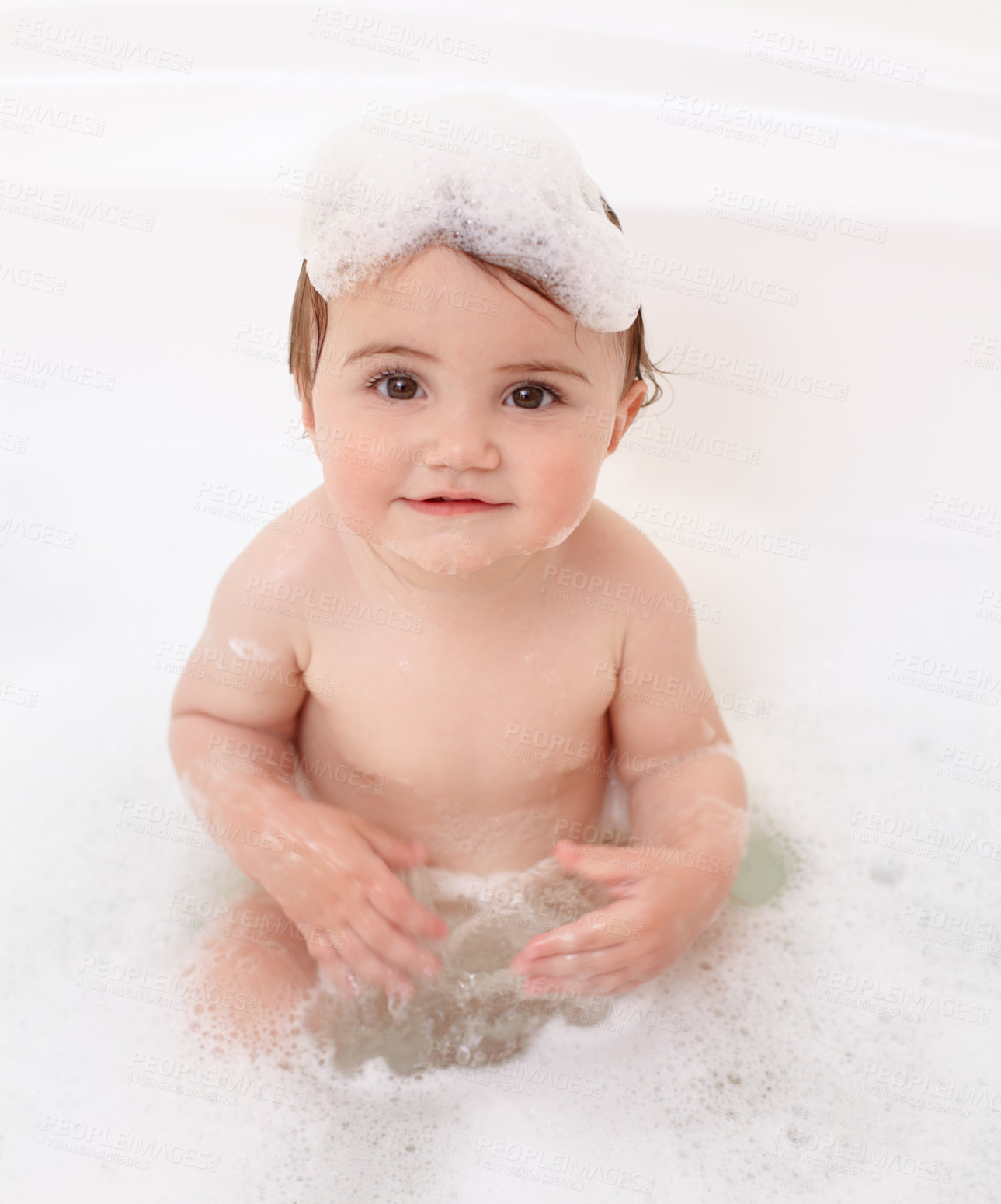 Buy stock photo Portrait of a cute baby girl in the bathtub
