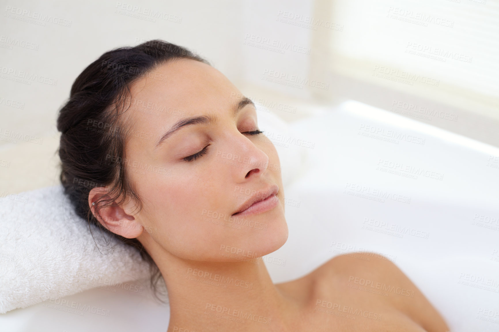 Buy stock photo Relax, bath and face of woman in bathtub for wellness, stress relief or skin detox with comfort at home. Self care, peace or person bathing in tub for cleaning, pamper or diy spa bathroom treatment