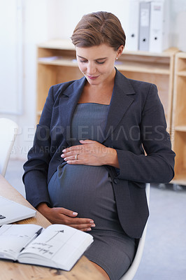 Buy stock photo Woman, pregnant and maternity thinking or book for work break, childcare or waiting motherhood date. Female person, stomach and hands as professional employee or corporate career, note for infant