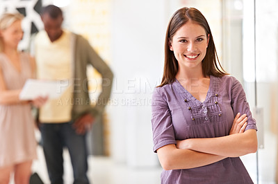 Buy stock photo Business, woman and portrait with happy in meeting for collaboration, planning and research at workplace. Person, face or employee and teamwork for strategy, entrepreneur and smile for career at work