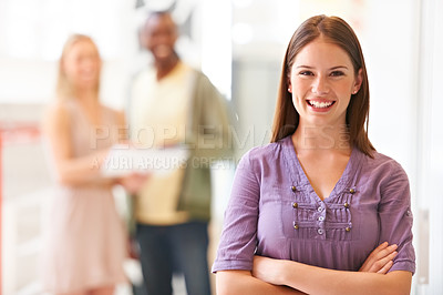 Buy stock photo Business, woman and portrait with happy or arms crossed for collaboration, planning and research at workplace. Person, face or employee and teamwork for strategy, entrepreneur and smile for career