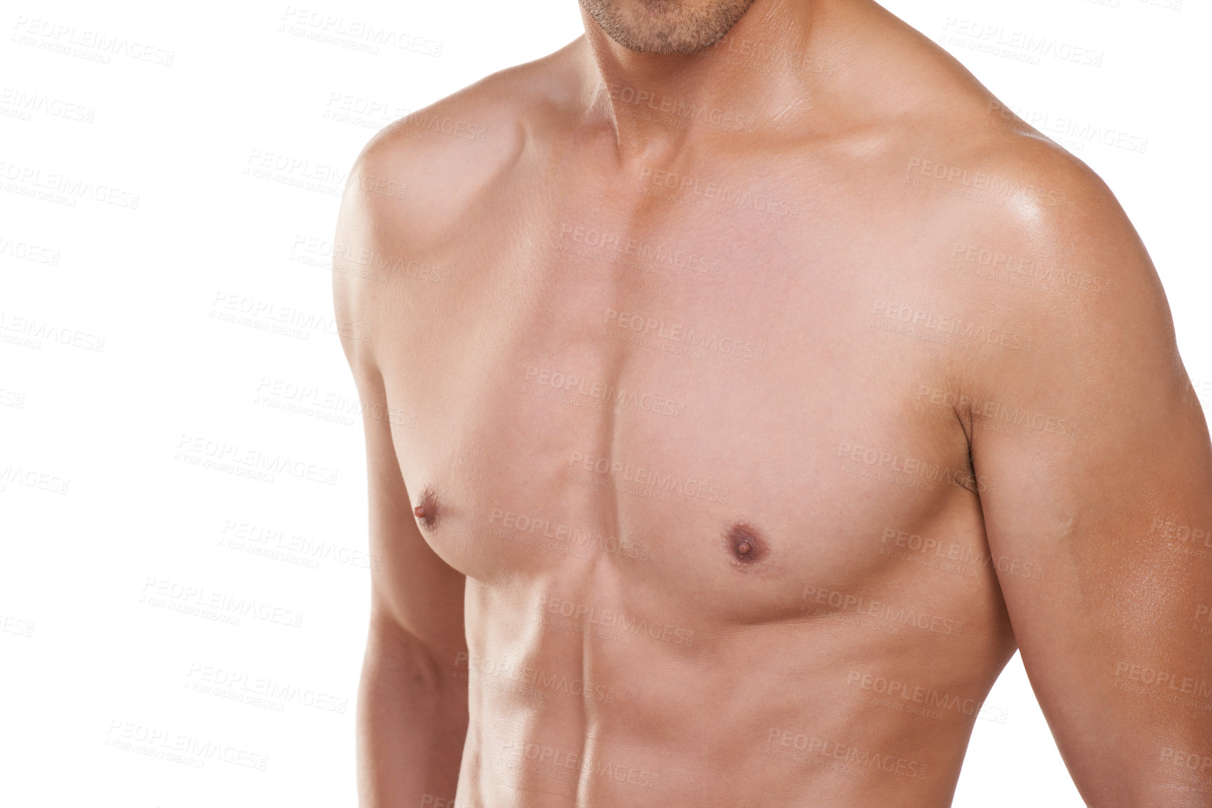Buy stock photo Cropped view of a well-defined male chest against a white background