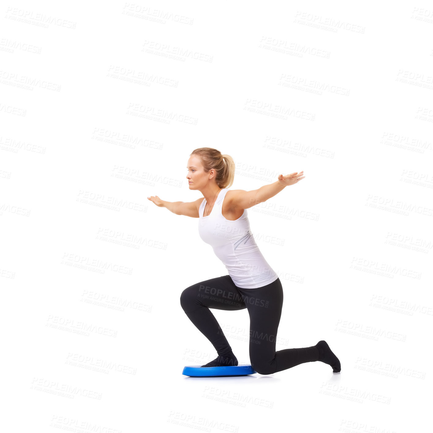 Buy stock photo Woman, fitness and balance exercise for workout, training or practice against a white studio background. Active female person or athlete in sports, pilates or activity for healthy wellness on mockup