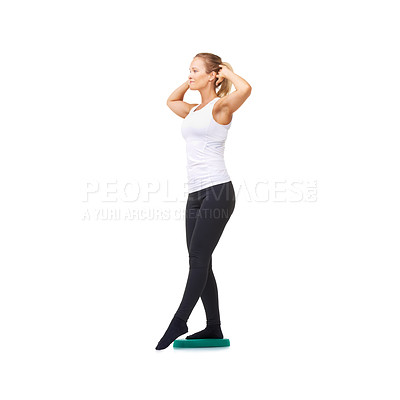 Buy stock photo Balance, health and body with woman on disk in studio for workout, fitness or exercise. Wellness, challenge and training with female person on white background for flexibility, smile or aerobics