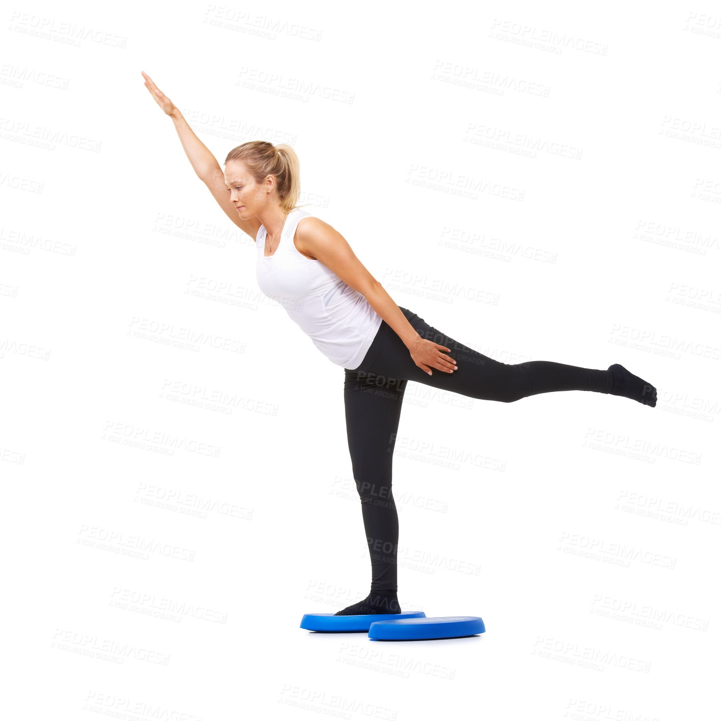 Buy stock photo Balance, health and stretching with woman on disk in studio for workout, mindfulness or exercise. Wellness, challenge and training with person on white background for flexibility and aerobics