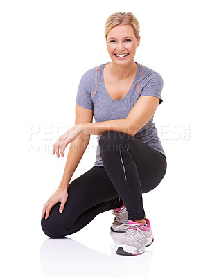 Buy stock photo Studio, portrait and woman in gym clothes with happy, health wellness and fitness with mockup. Person, smile and face with training or sports fashion, exercise gear and sneakers by white background