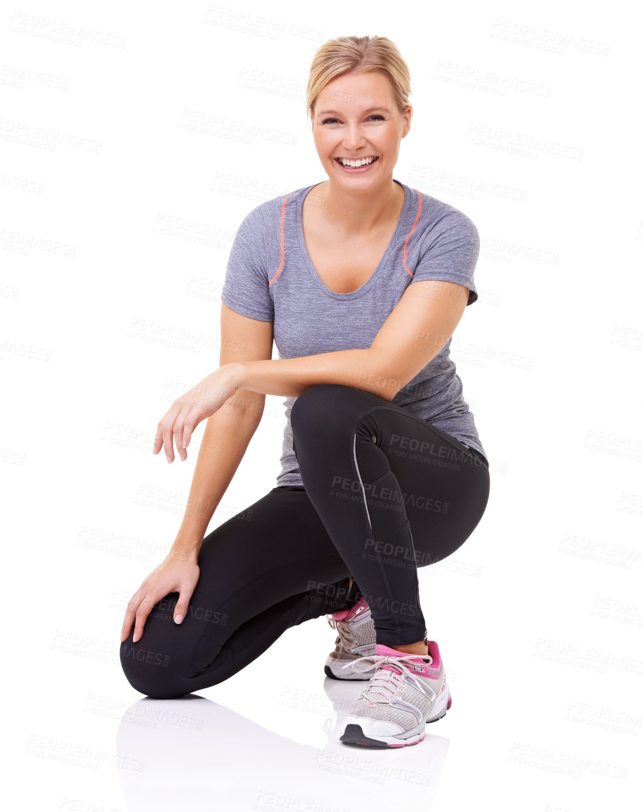 Buy stock photo Studio, portrait and woman in gym clothes with happy, health wellness and fitness with mockup. Person, smile and face with training or sports fashion, exercise gear and sneakers by white background