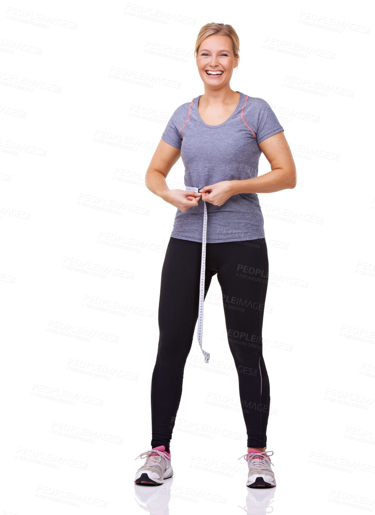 Buy stock photo Portrait, woman and tape measure for fitness with weight loss progress, happy and exercise results in studio. Person, usa and smile face with health body, gym clothes and wellness by white background