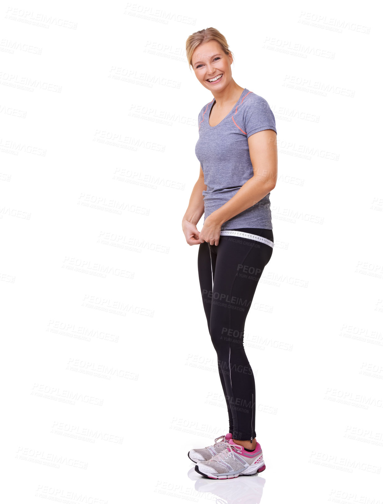 Buy stock photo Fitness, measuring tape and portrait of happy woman with smile, workout and wellness with healthy body in studio. Health, exercise and girl with weight loss measurement isolated on white background.