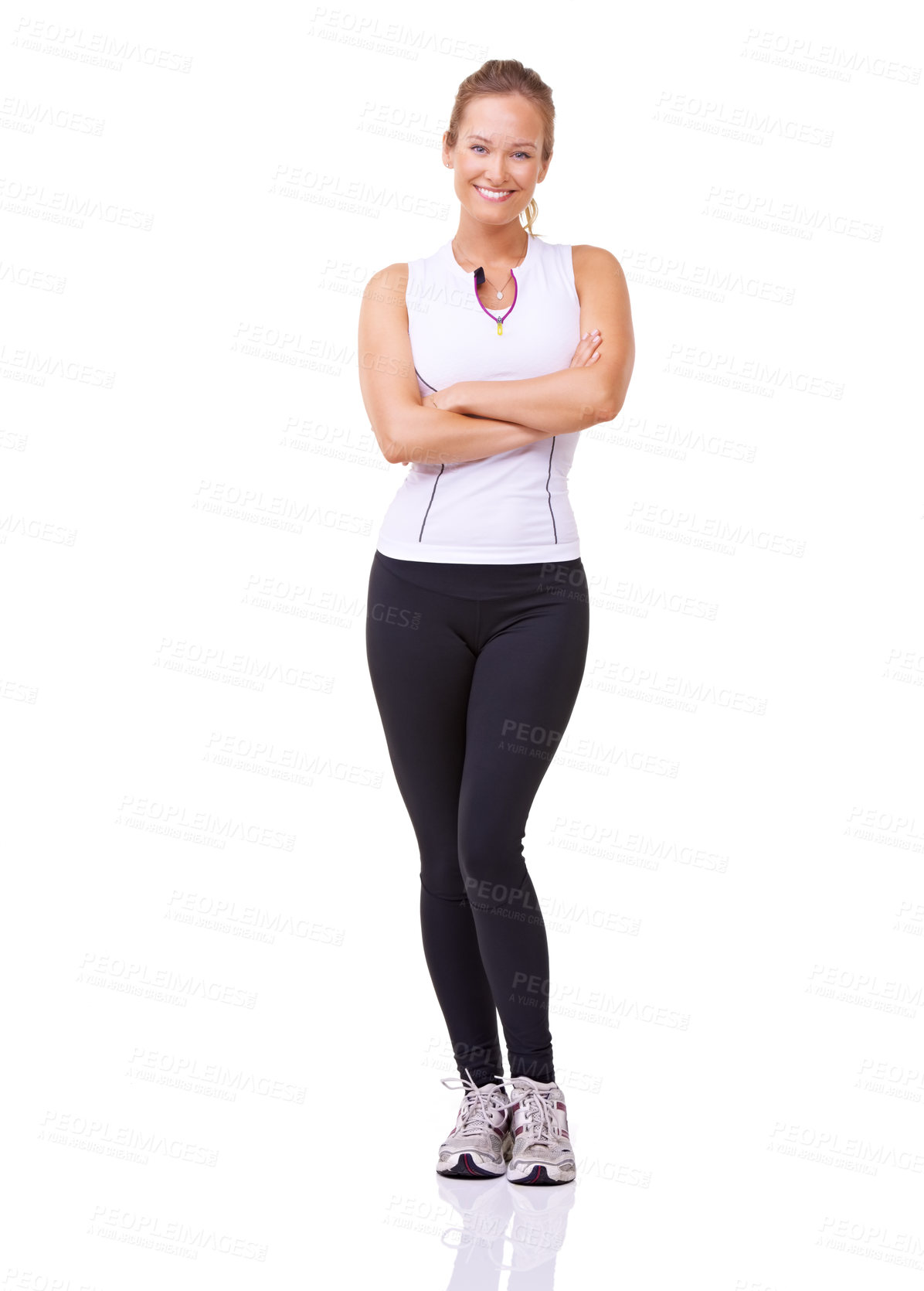 Buy stock photo Portrait, woman and arms crossed for fitness, studio and happy with exercise wellness in gym clothes. Model, usa and smile face with commitment to health body, training and relax by white background
