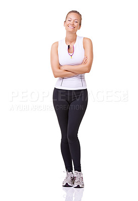 Buy stock photo Portrait, woman and arms crossed for exercise, studio and happy with training wellness in gym clothes. Model, usa and smile face with commitment to health body, fitness and relax by white background