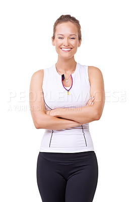 Buy stock photo Studio, portrait and happy woman in gym clothes, health wellness and fitness lifestyle with mockup. Person, smile or glow face of training in trendy sports fashion, exercise gear or white background