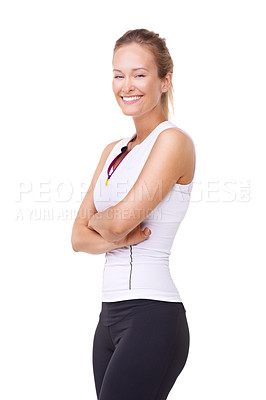 Buy stock photo Studio, portrait and woman with smile in gym clothes, health wellness and fitness lifestyle with mockup. Person, happy or face of training in trendy sports fashion, exercise gear or white background