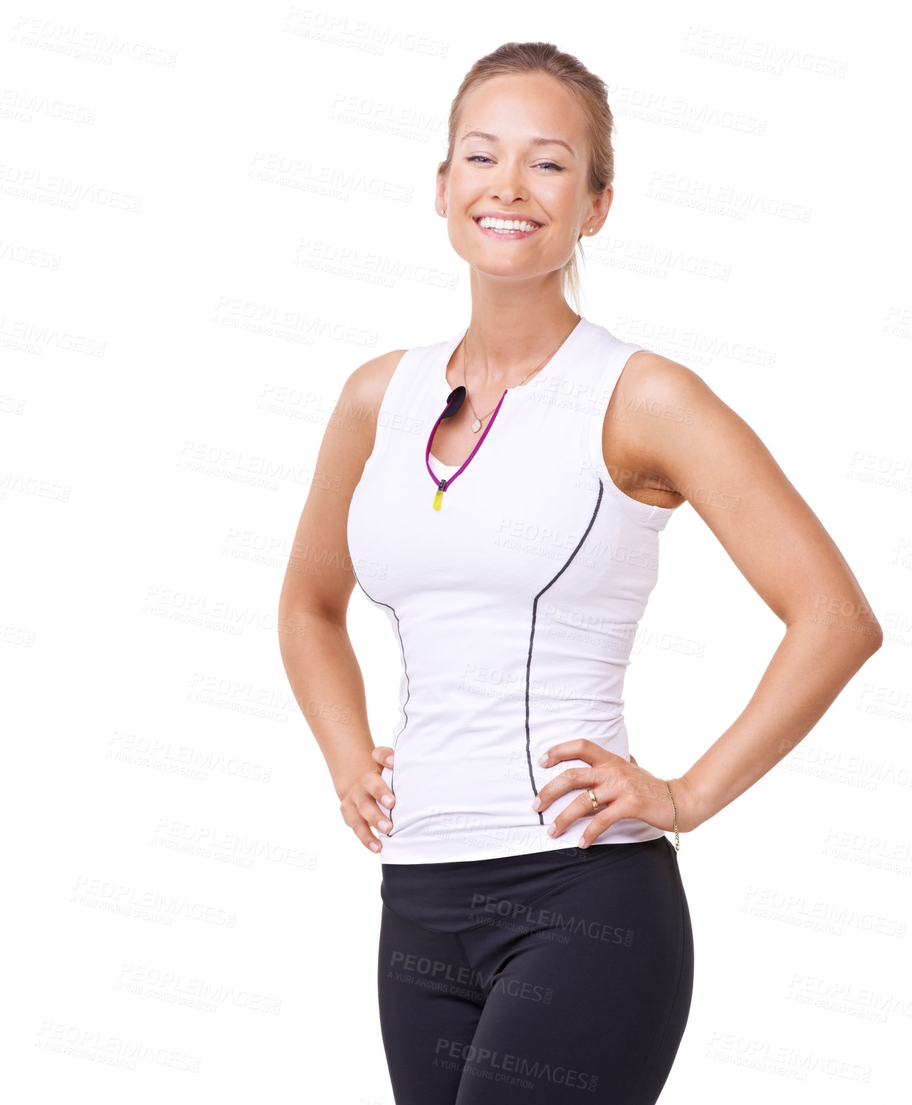 Buy stock photo Portrait of an attractive young woman standing with her hands on her hips