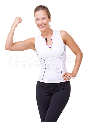 Buy stock photo Woman, portrait and flex or happy in studio for fitness, wellness or workout progress and sportswear. Person, face or arm and strength or training for weight loss and healthy body on white background