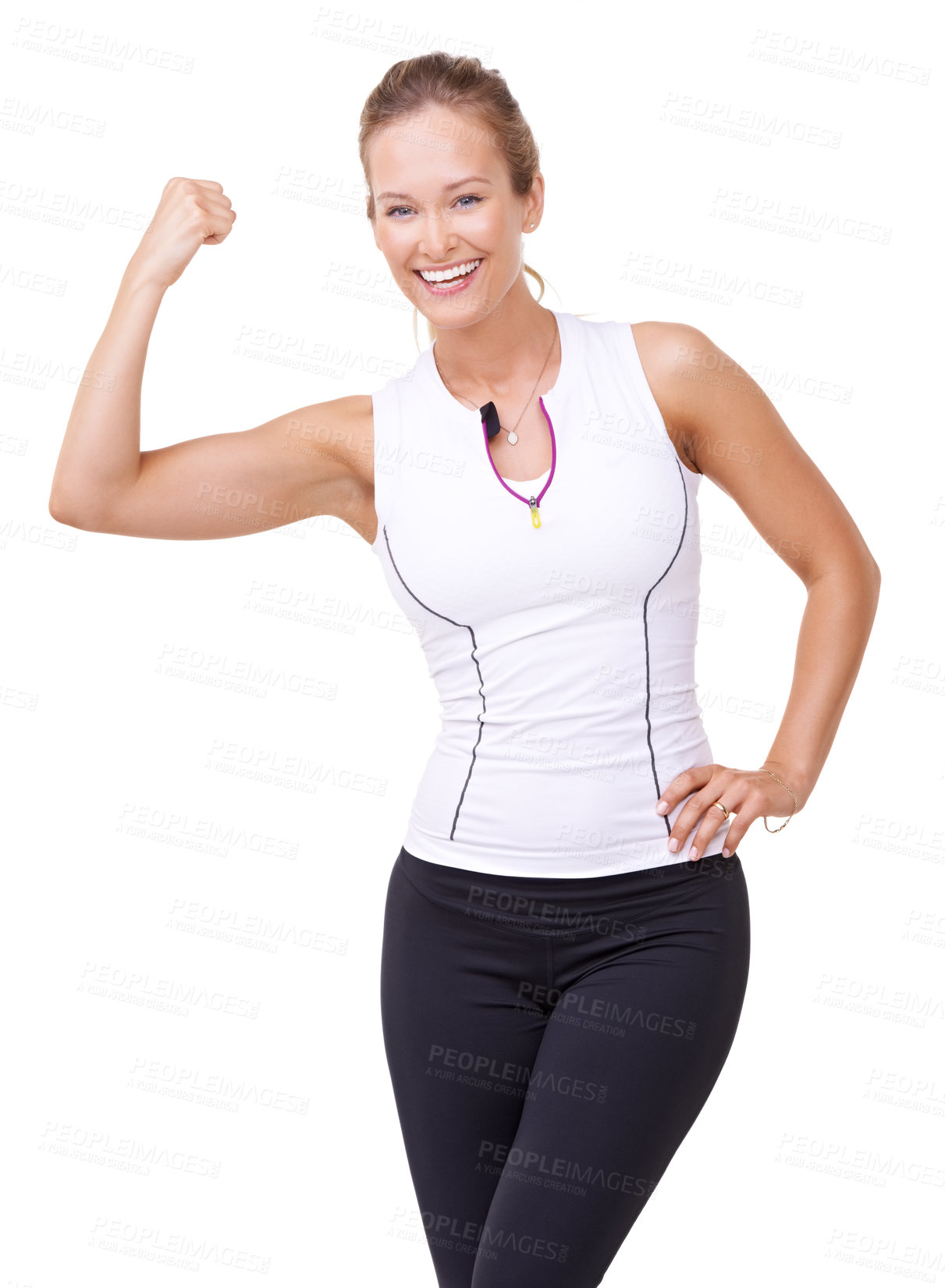 Buy stock photo Woman, portrait and flex or happy in studio for fitness, wellness or workout progress and sportswear. Person, face or arm and strength or training for weight loss and healthy body on white background