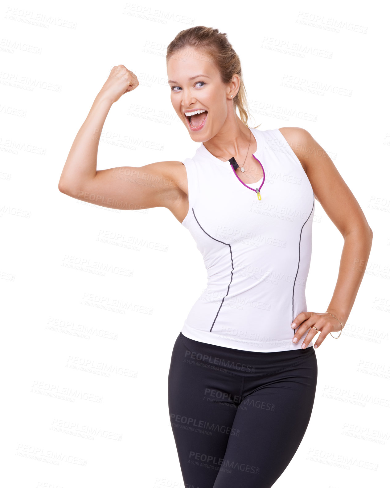 Buy stock photo Woman, face and flex or excited in studio for fitness, wellness or workout progress and sportswear. Person, happy or arm and strength or training for weight loss and healthy body on white background