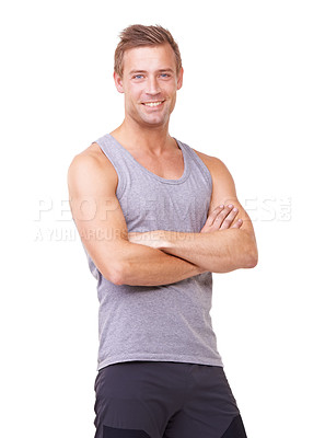 Buy stock photo Portrait, man and arms crossed for exercise, studio and happy with training wellness in gym clothes. Person, pride and smile face with commitment to health body, fitness and relax by white background