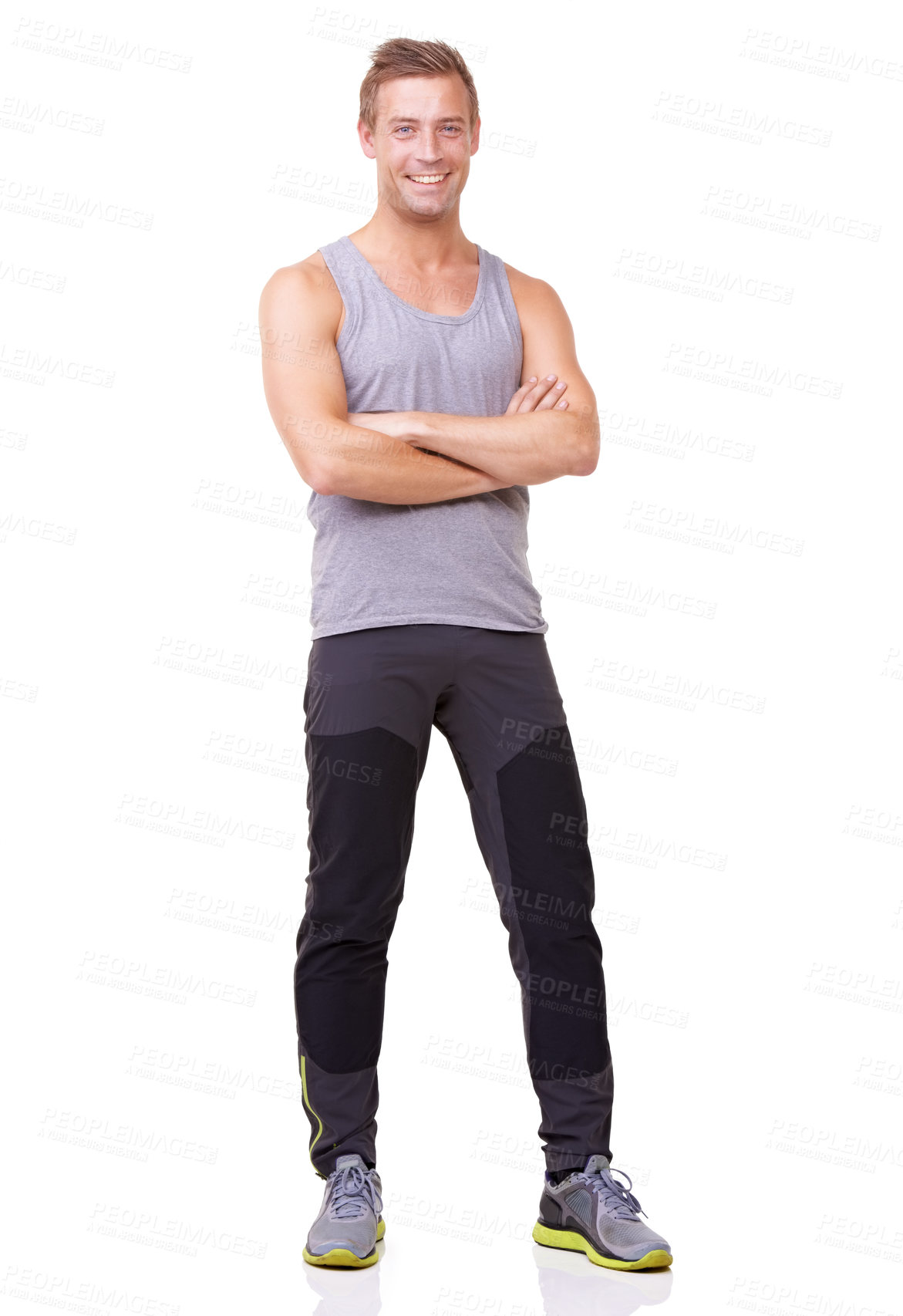 Buy stock photo Portrait, man and confident for fitness, studio and happy with training wellness in gym clothes. Person, pride and smile face with commitment to health body, exercise and relax by white background