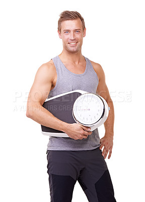 Buy stock photo Fitness, scale and portrait of man with smile, workout and wellness with healthy pride in studio. Health, exercise and body of happy person with weight loss measurement isolated on white background.