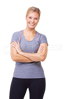 Buy stock photo Studio portrait of an attractive woman in gym clothes isolated on white