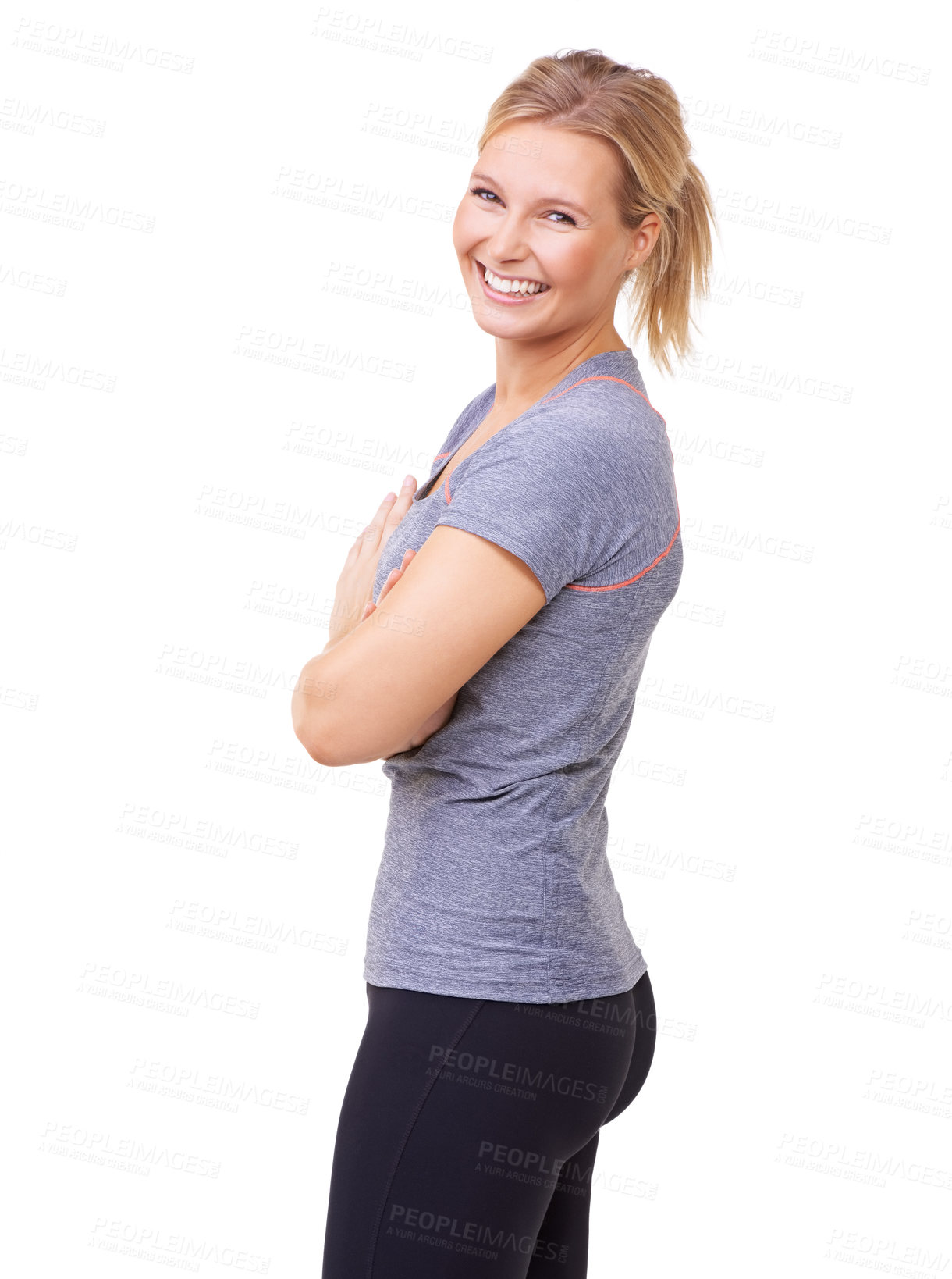 Buy stock photo Portrait, woman or laughing for fitness, studio or positive with exercise wellness in gym clothes. Person, glow face and smile with commitment to healthy body, training and relax by white background