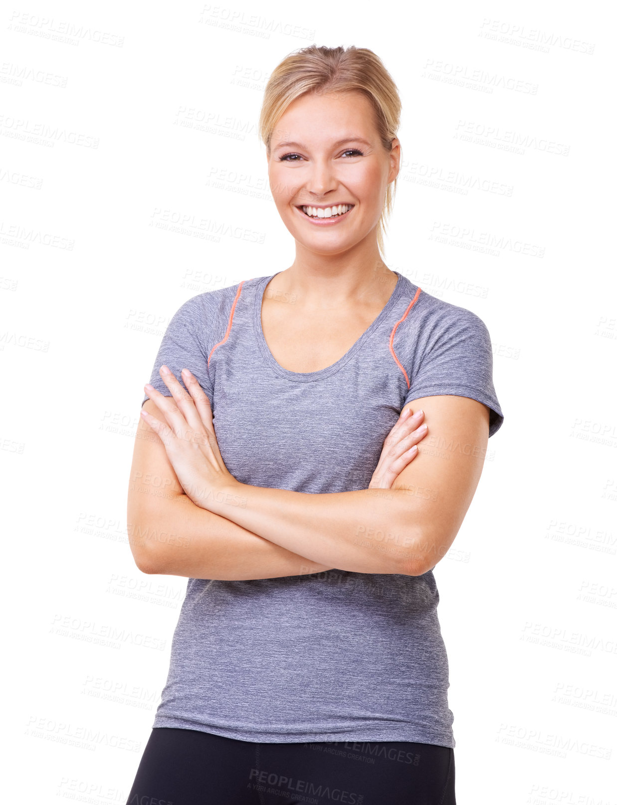 Buy stock photo Portrait, woman or arms crossed for fitness, studio or positive with exercise wellness in mockup. Person, face and smile with commitment to healthy body, gym clothes and relax by white background