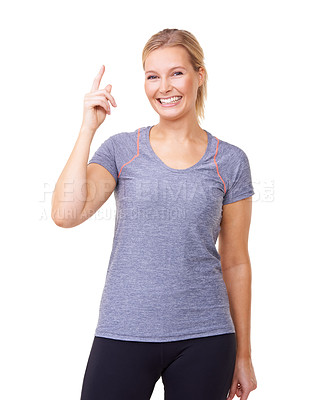 Buy stock photo Portrait, woman or pointing for fitness, studio or gym announcement with exercise wellness. Person, smile face and emoji with giveaway on training gear, health body and promotion by white background