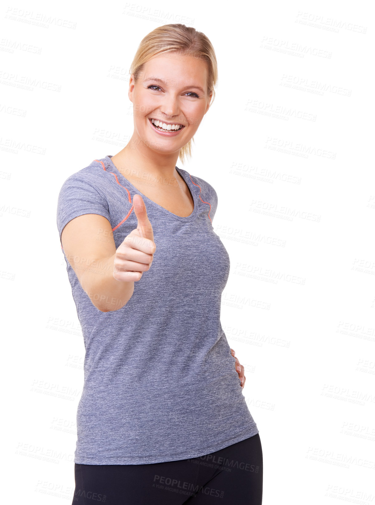 Buy stock photo Workout, thumbs up and woman in studio for fitness success, exercise achievement and winning hands or like emoji. Portrait, sports model and yes, okay or happy training results on a white background