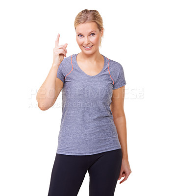 Buy stock photo Studio, portrait and woman for pointing to health announcement and wellness news for mockup. Person, face or emoji with fitness discount, exercise promotion or relax for choice by white background