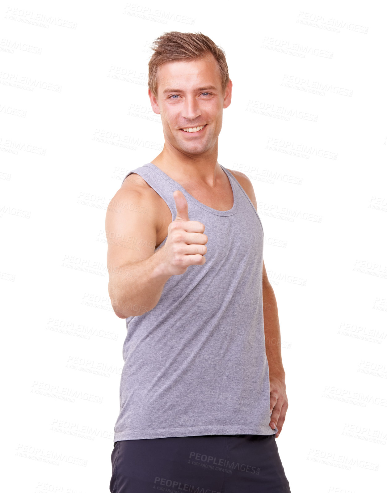 Buy stock photo Fitness, thumbs up and man in studio for training success, workout achievement and health support or like emoji. Portrait of sports model with yes, vote hand or happy results  on a white background