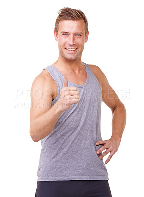 Buy stock photo Training, thumbs up and man in studio for fitness success, workout achievement and health support or like emoji. Portrait of sports model with yes, vote hand or happy results on a white background