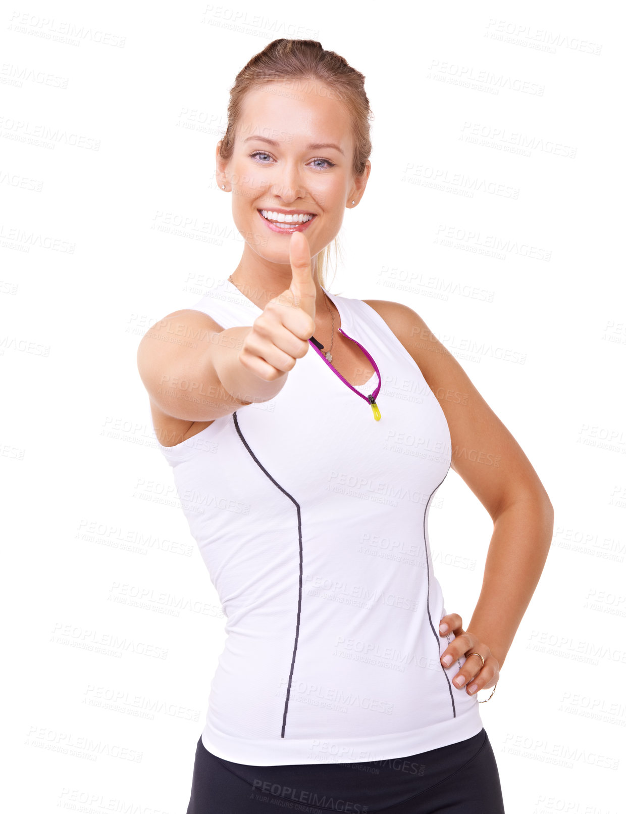 Buy stock photo Fitness, thumbs up and woman in studio for training success, workout achievement and health support or like emoji. Portrait of sports model with yes, vote hand or happy results on a white background