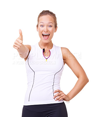 Buy stock photo Fitness winner, thumbs up and woman in studio for training success, workout achievement and health goals or like emoji. Portrait of sports model with yes, wow and happy results on a white background