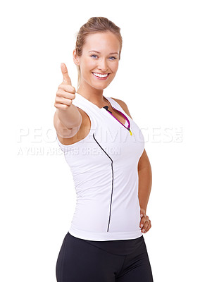Buy stock photo Exercise, thumbs up and woman in studio for fitness success, workout achievement and winning hands or like emoji. Portrait, sports model and yes, okay or happy training results on a white background