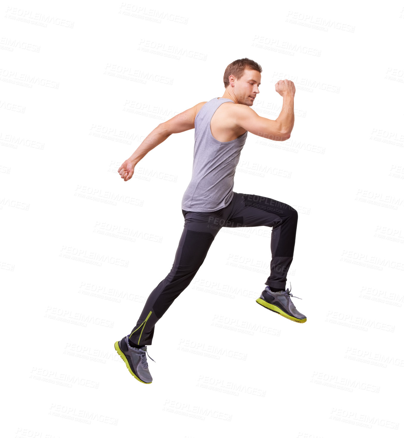 Buy stock photo Man, running and jump in fitness, workout and training in studio with wellness and energy or speed. Sports model, sprinter or runner in air, exercise and cardio or muscle health on a white background