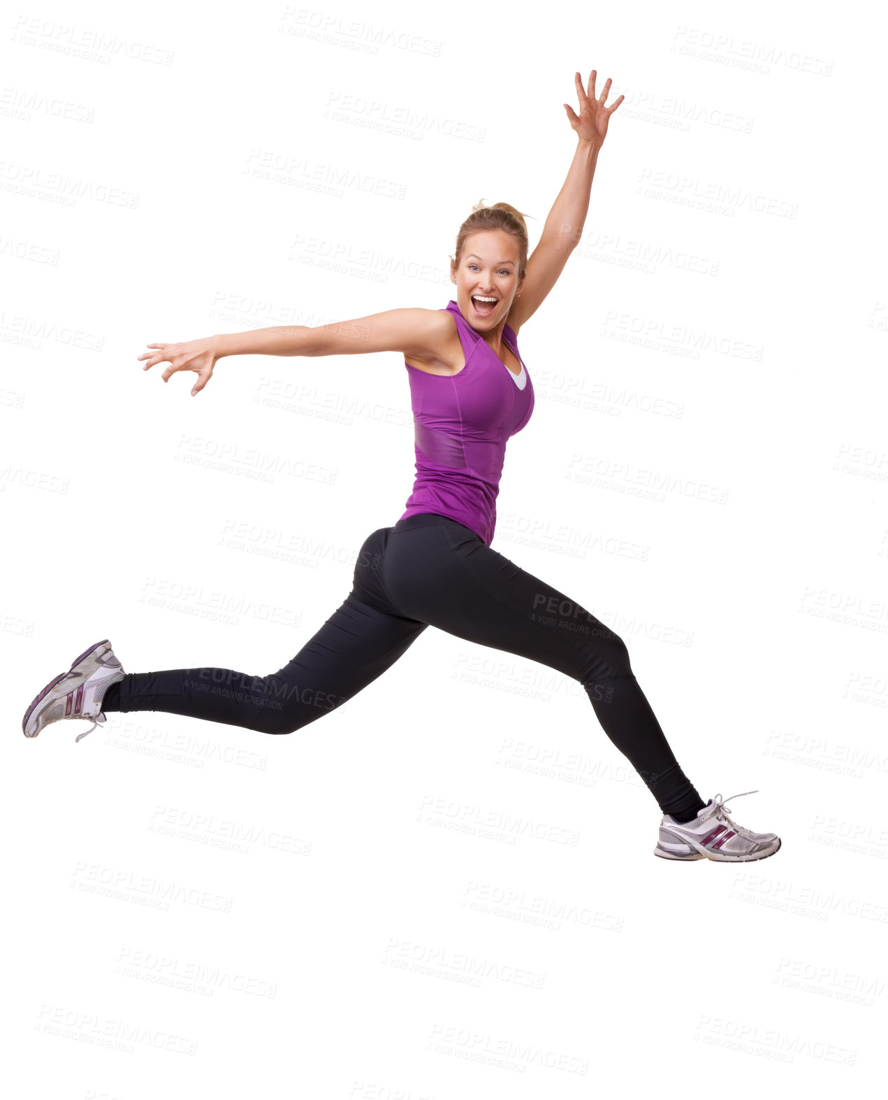Buy stock photo Woman, winner and jump for fitness success, workout and training celebration, energy or achievement in studio. Portrait of sports model or runner in air for exercise and cardio on a white background