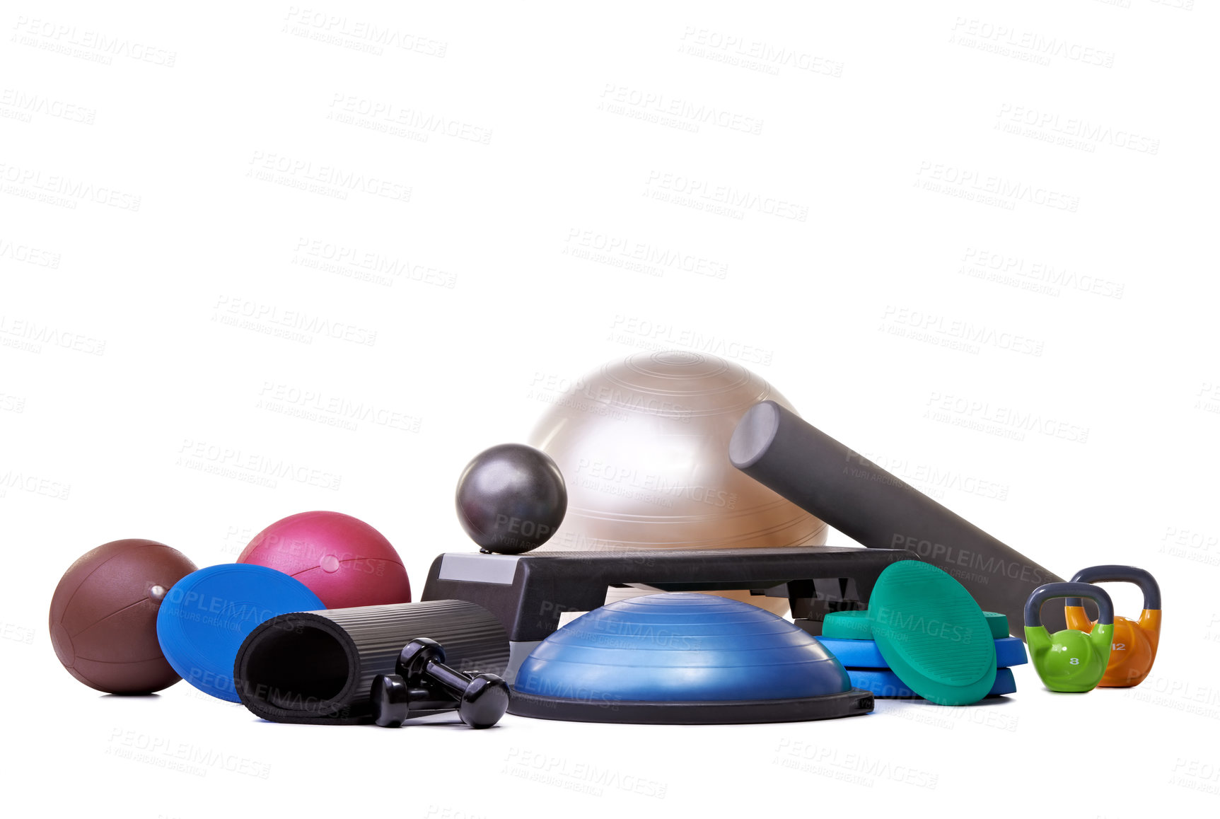 Buy stock photo Studio, gym equipment and fitness in mockup for sport, training and exercise for health lifestyle. Hand weights, accessories and ball with dumbbell or yoga mat and gym gadgets by white background