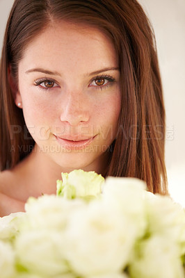 Buy stock photo Portrait, woman and bouquet of flowers with smile, beauty and cheerful with Valentines day gift, joyful and plant. Face, confident female and happy lady with white roses, natural and floral present