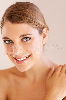 Buy stock photo Makeup portrait, happy and studio woman with self care wellness, facial cosmetics treatment or skincare shine. Beauty face, anti aging routine and cosmetology model glow isolated on beige background