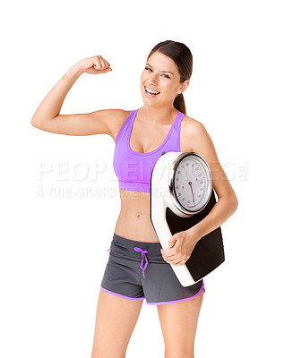 Buy stock photo Scale, portrait and woman flex with weight loss goal, success and smile from health progress. Workout, fitness and sport training of a female person in studio with white background and wellness