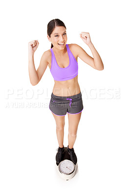 Buy stock photo Scale, portrait and woman celebration with exercise success and smile from health progress. Workout, fitness and sport training of a female person in studio with white background and wellness