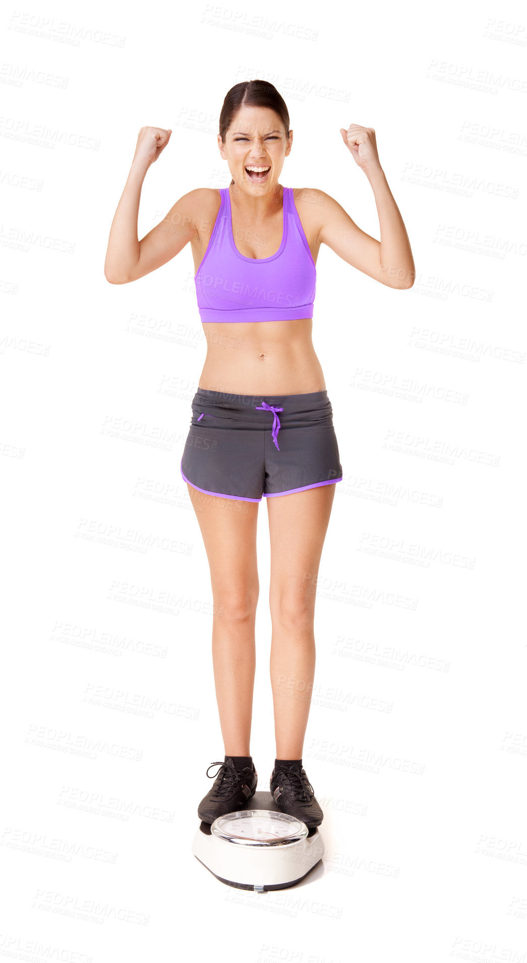 Buy stock photo Scale, portrait and woman success with celebration, happy and excited from health progress. Workout, fitness and sport training of a female person in studio with white background and wellness